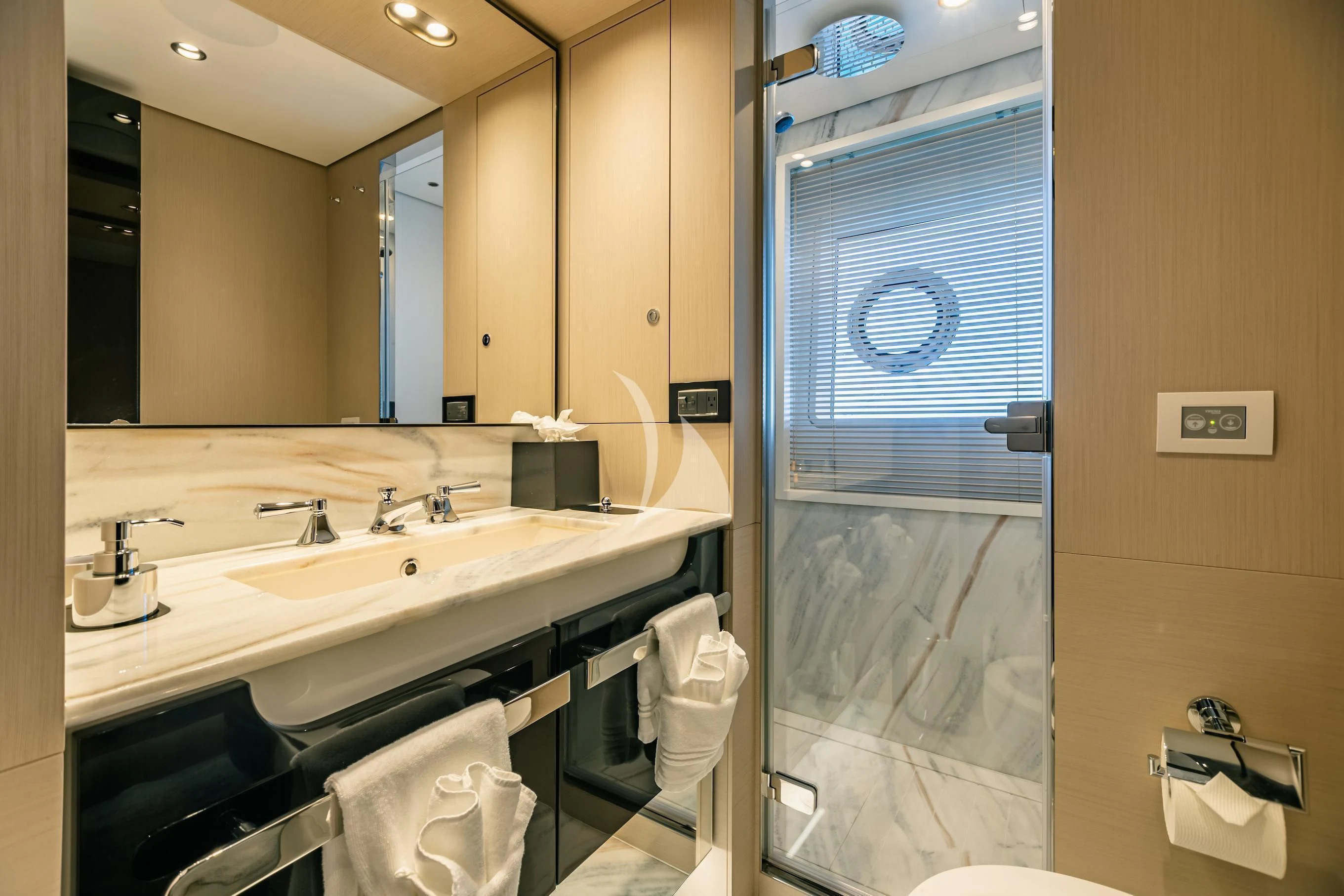 a bathroom with a large mirror aboard MAREA LA NAUTICA Yacht for Sale