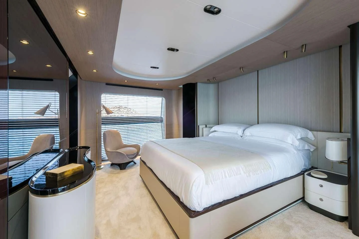 a bedroom with a large bed aboard MAREA LA NAUTICA Yacht for Sale