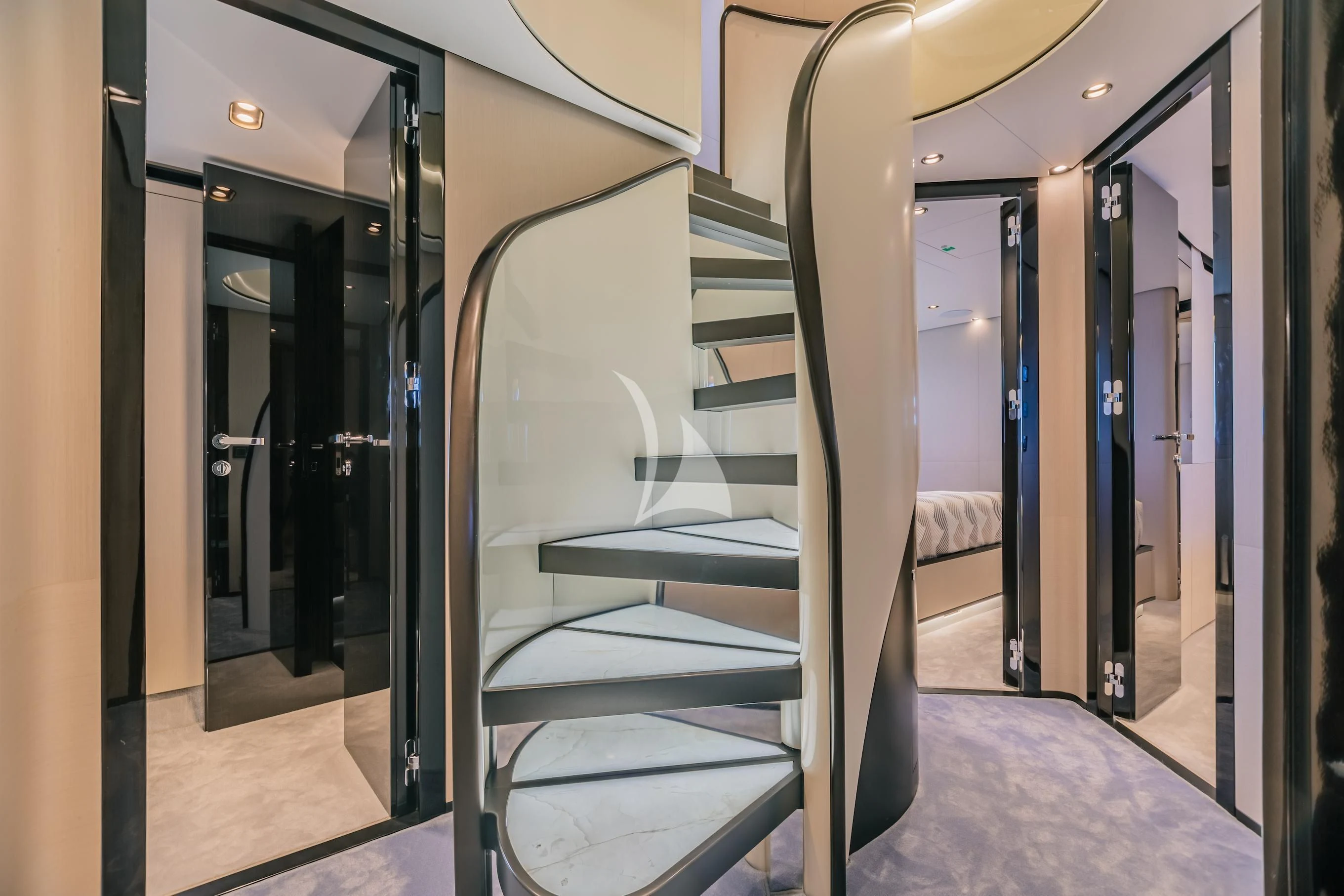 a hallway with doors aboard MAREA LA NAUTICA Yacht for Sale