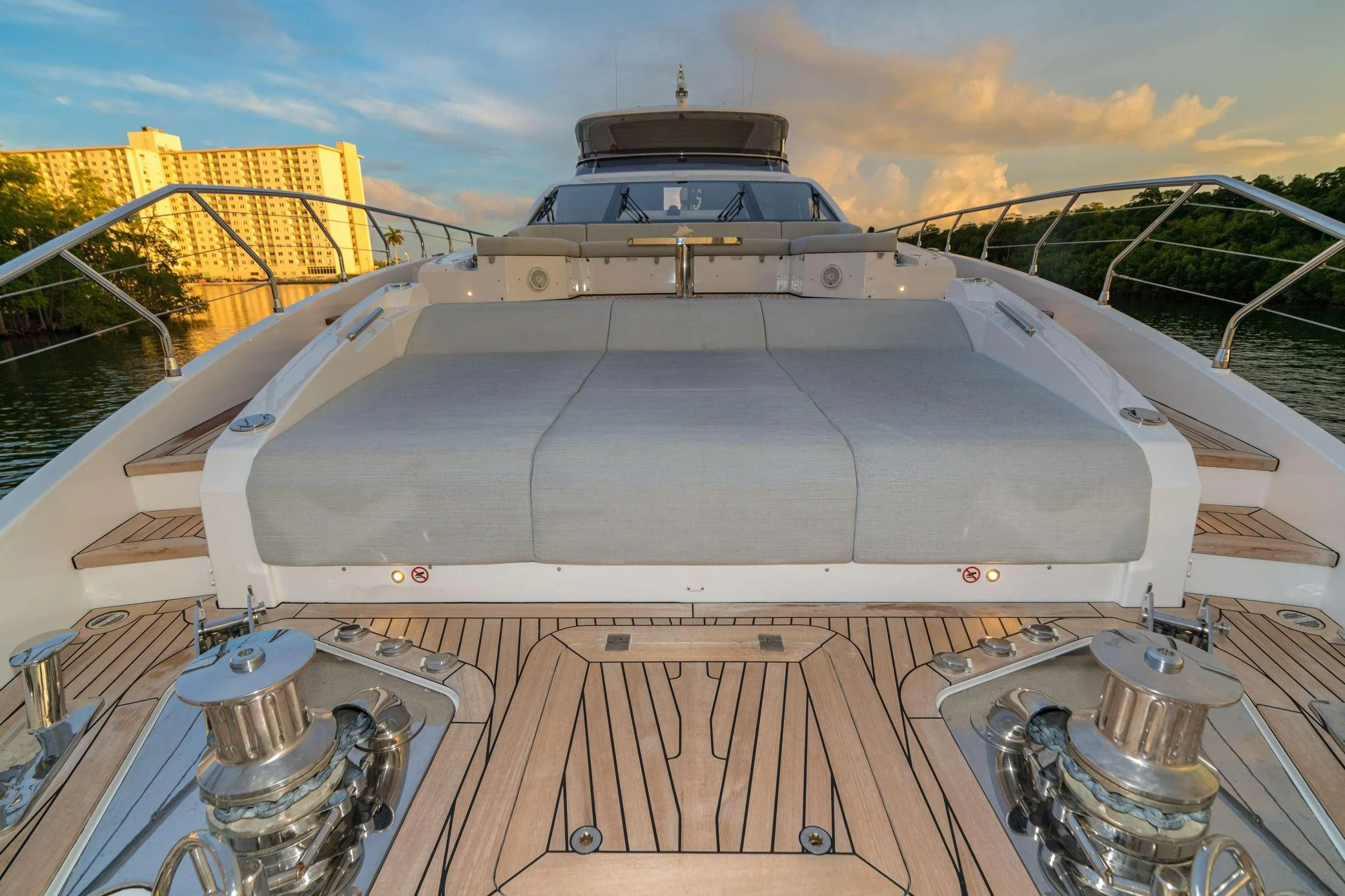 a large white boat on a wooden deck aboard MAREA LA NAUTICA Yacht for Sale