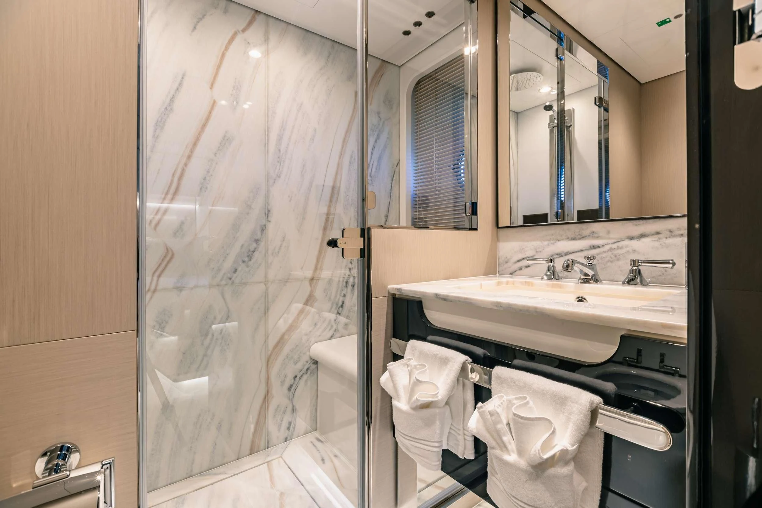 a bathroom with a glass shower aboard MAREA LA NAUTICA Yacht for Sale