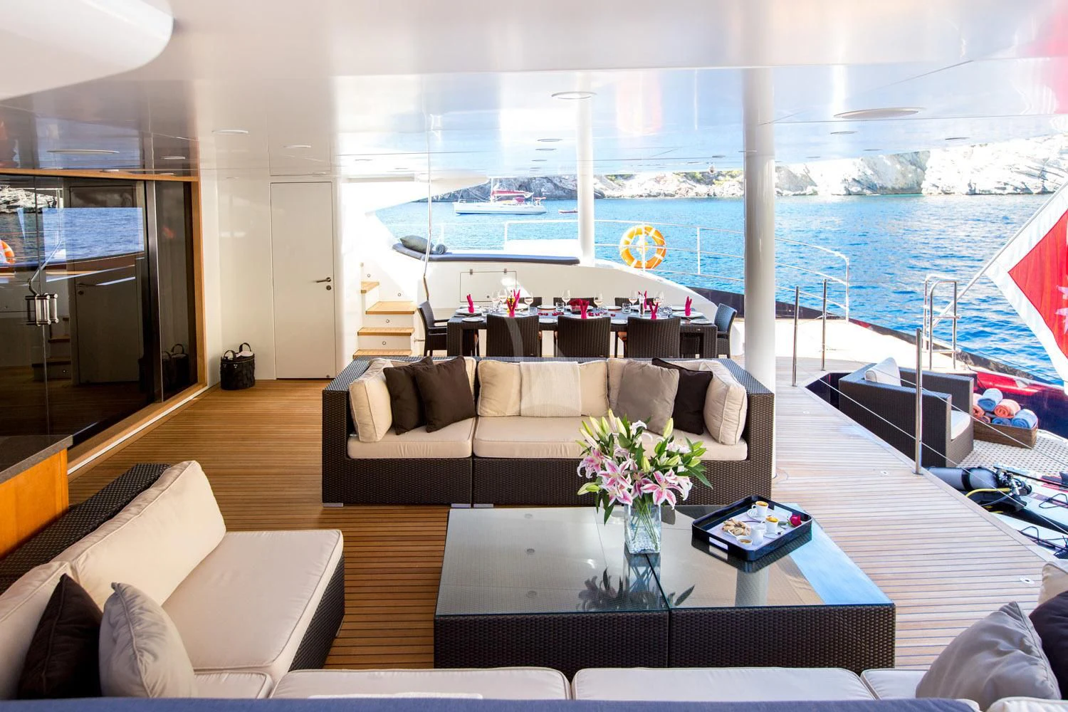 a living room with a large ship aboard MASHUA BLUU Yacht for Sale