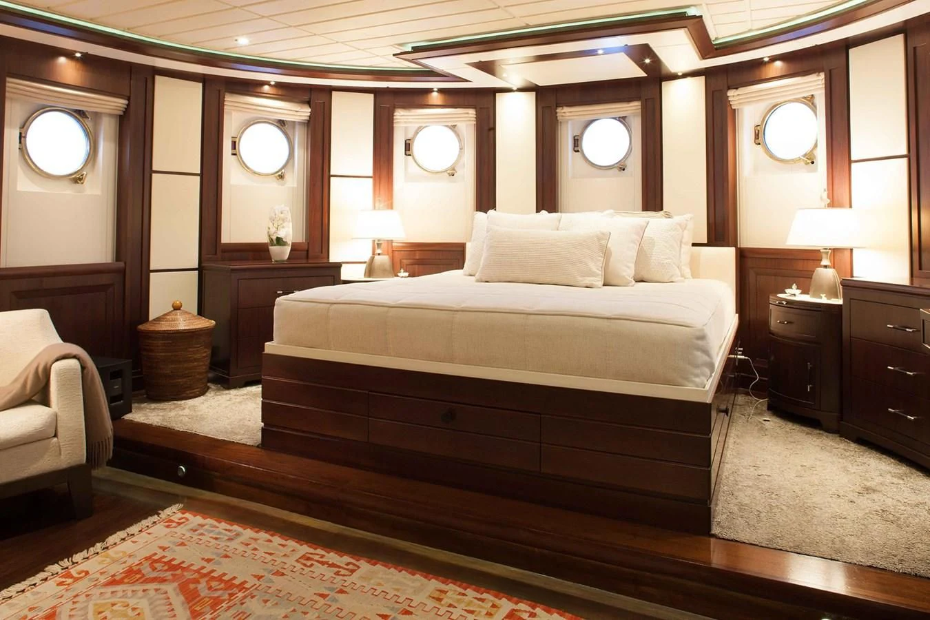 a large bed in a hotel room aboard ICE LADY Yacht for Sale