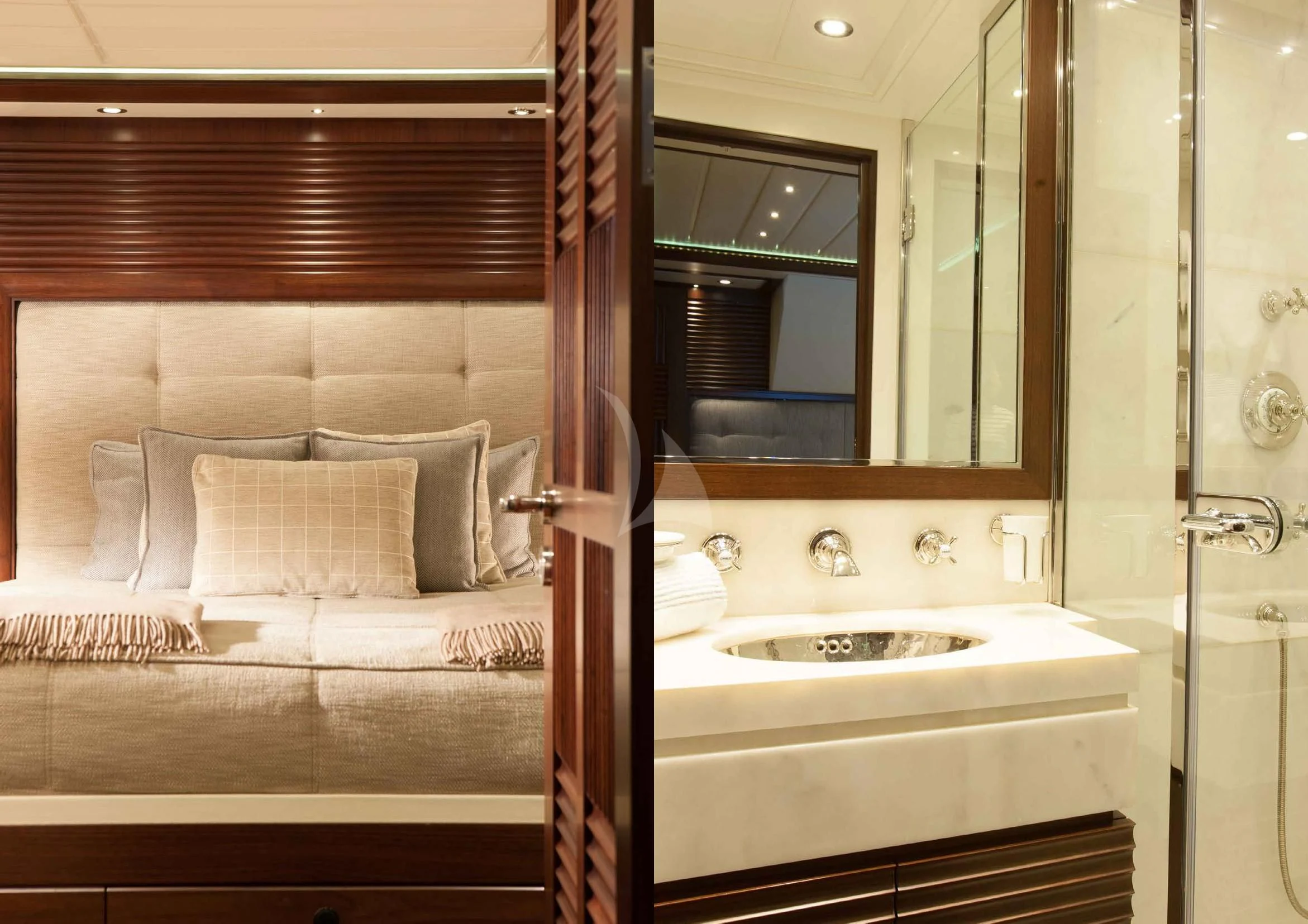 a bathroom with a large mirror aboard ICE LADY Yacht for Sale
