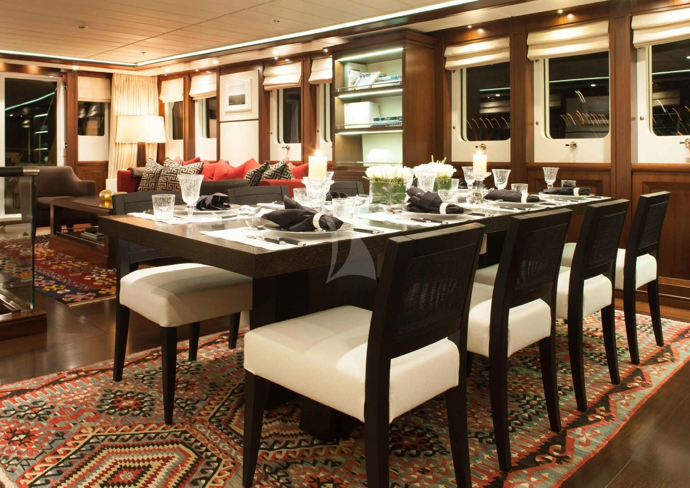 a dining table in a house aboard ICE LADY Yacht for Sale