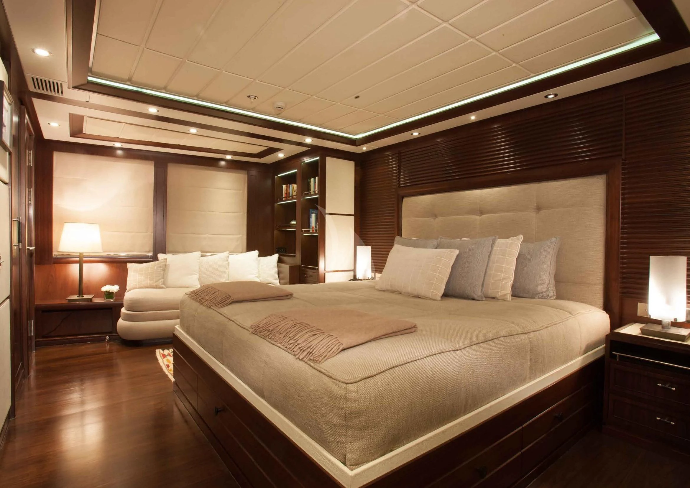 a large bed in a hotel room aboard ICE LADY Yacht for Sale