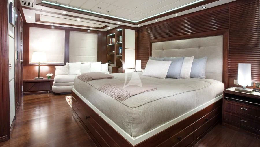 a bed in a room aboard ICE LADY Yacht for Sale