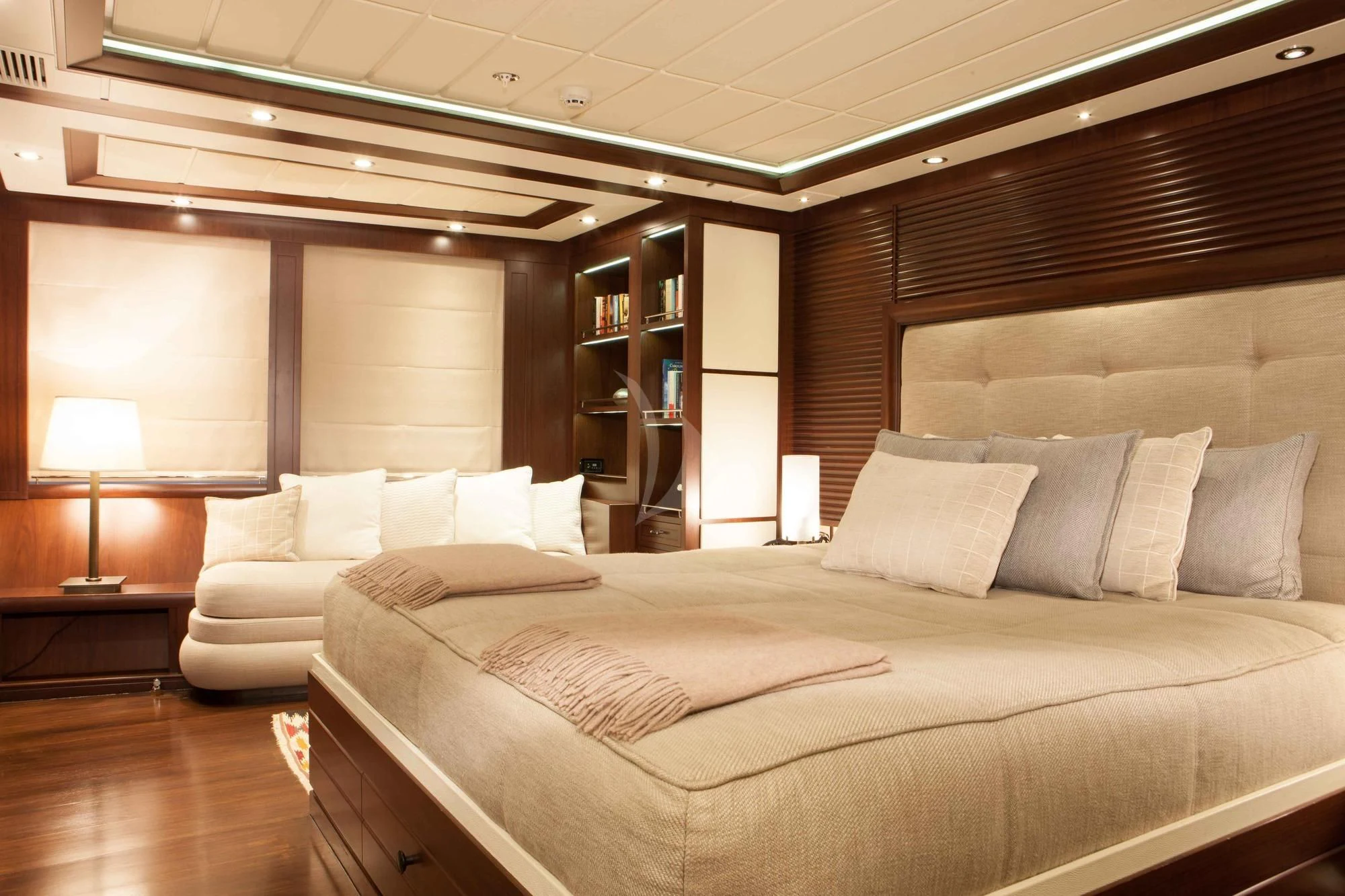 a bed in a room aboard ICE LADY Yacht for Sale