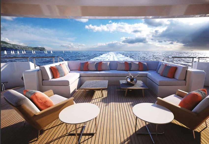 a large living room with a large ocean view aboard SERENA Yacht for Sale