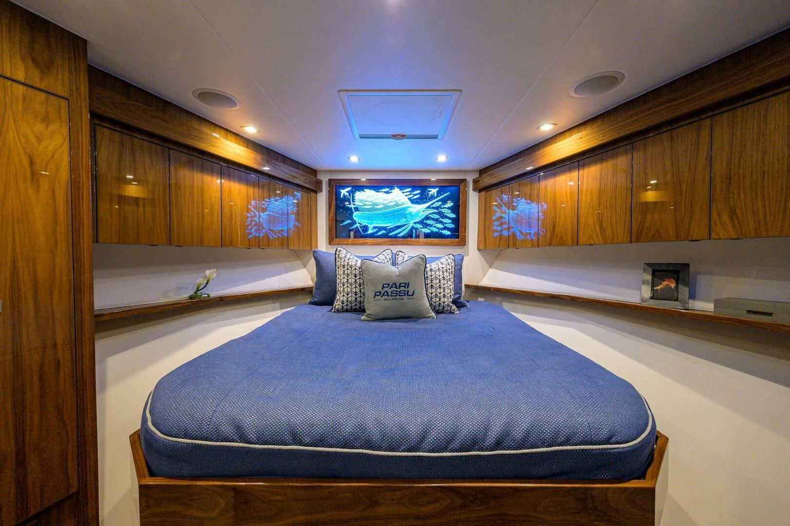 a large bed in a room aboard SURFBUM Yacht for Sale