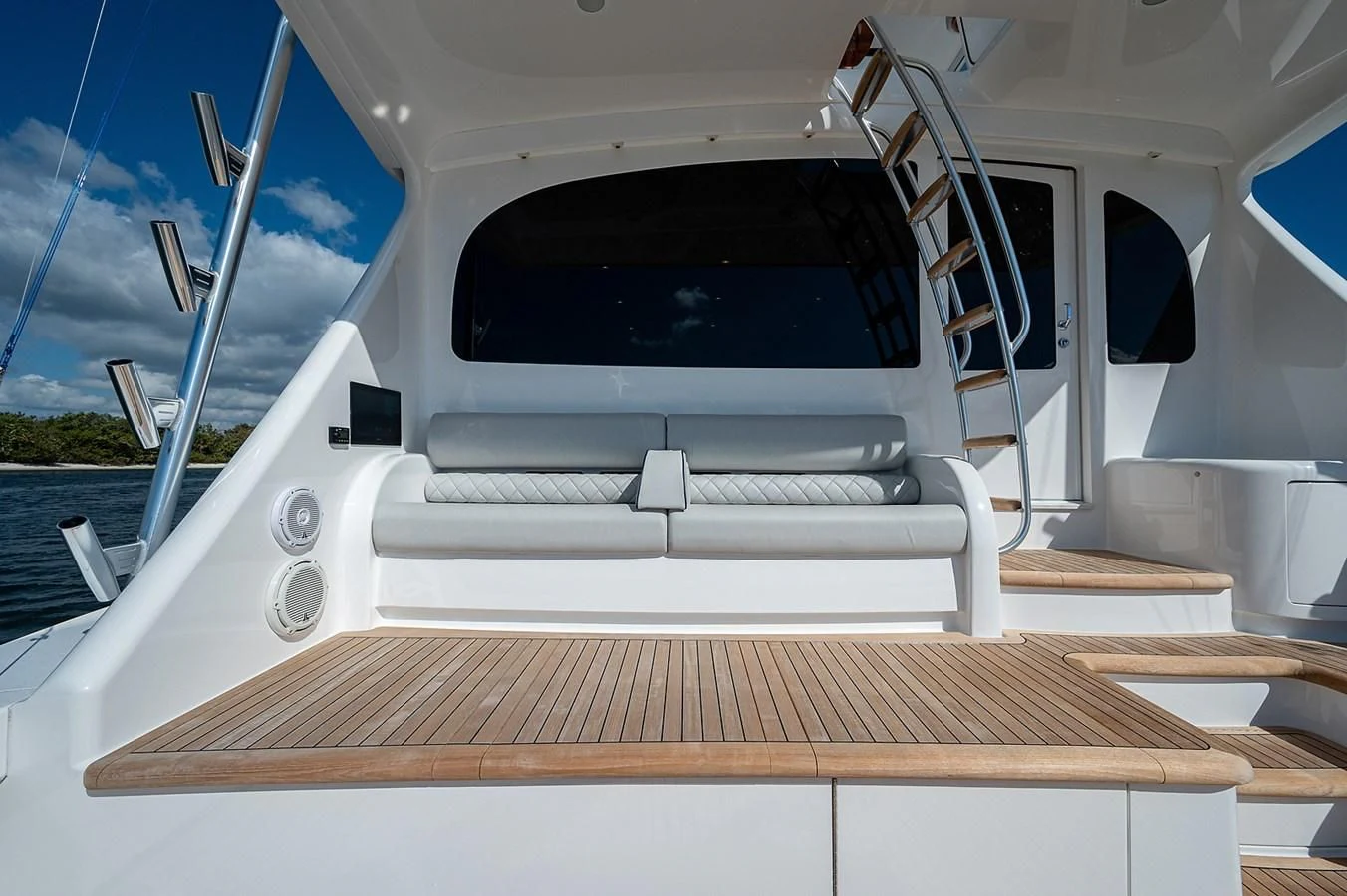 inside of a white car aboard SURFBUM Yacht for Sale