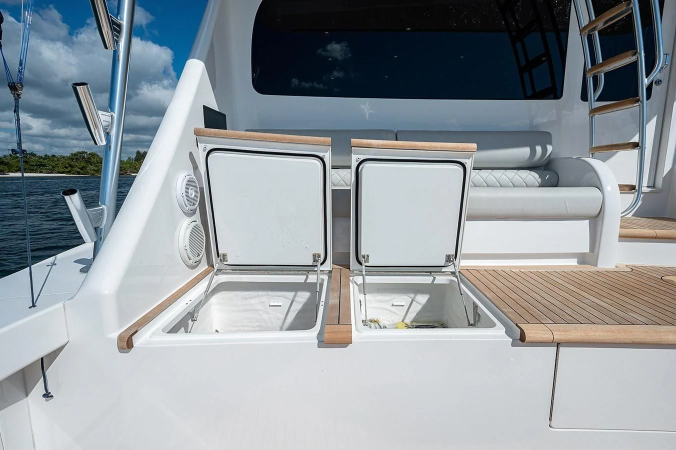 a boat with open doors aboard SURFBUM Yacht for Sale
