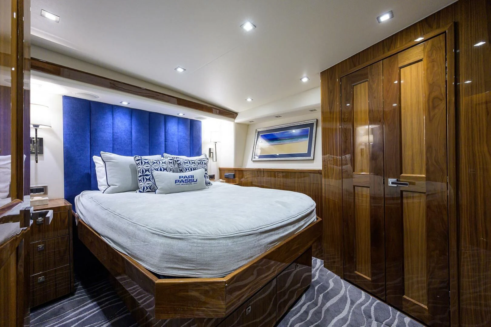 a bed in a room aboard SURFBUM Yacht for Sale