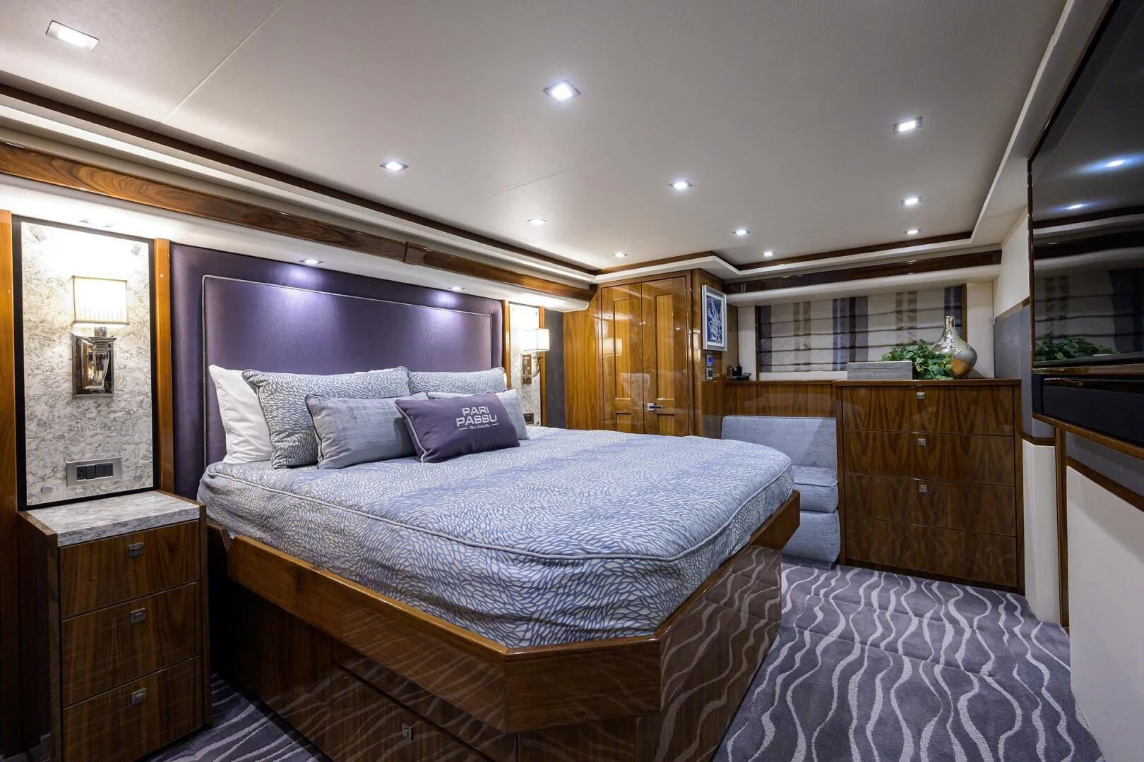 a bed in a room aboard SURFBUM Yacht for Sale