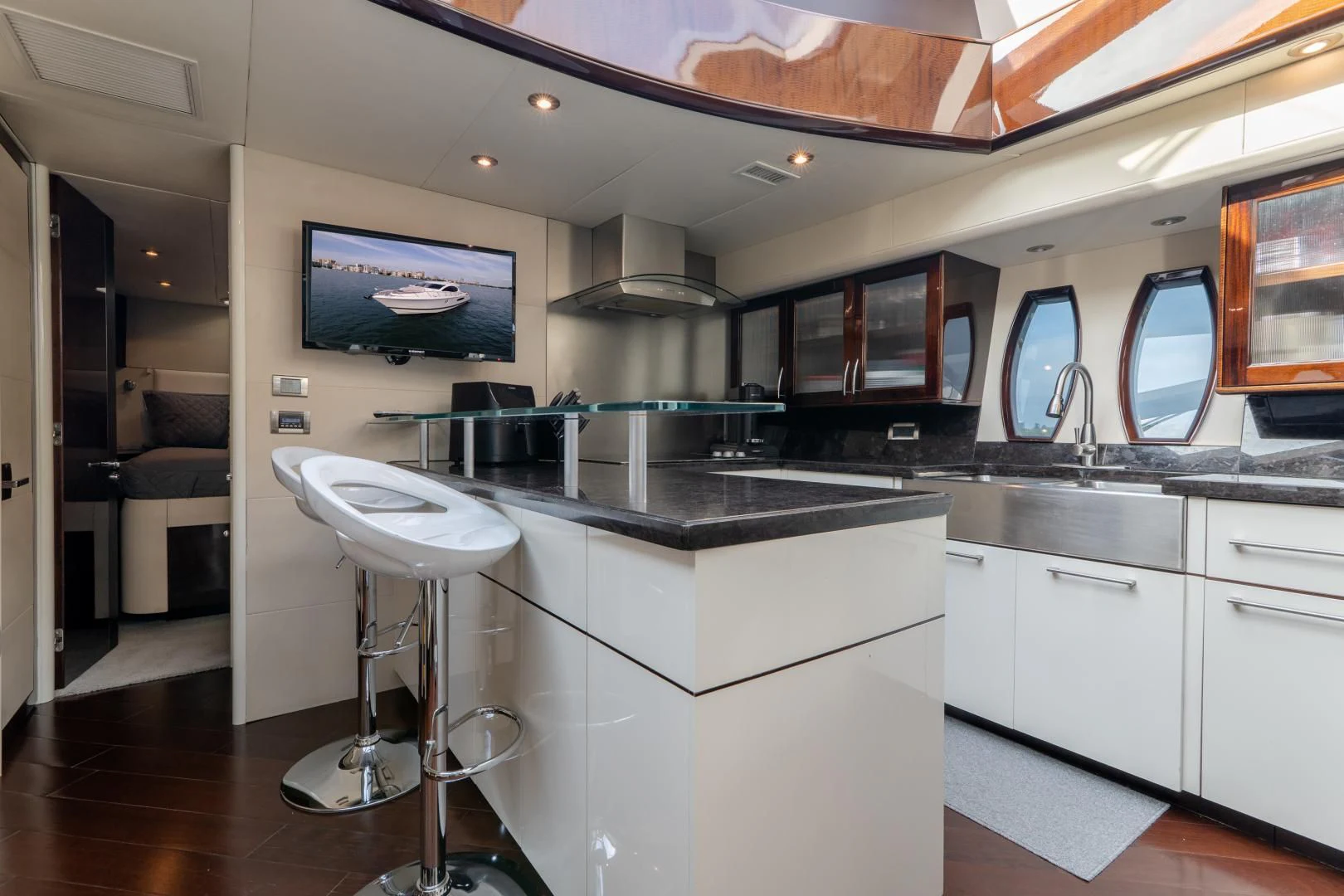a kitchen with a large island aboard SALACIA Yacht for Sale