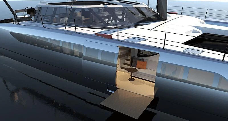 a white yacht with a black stripe aboard DAEDALUS D88 Yacht for Sale
