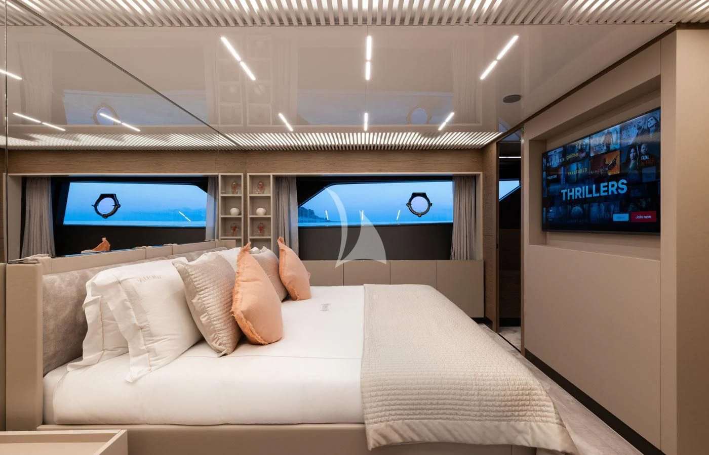 a bed with pillows aboard ALEGRIA II Yacht for Sale