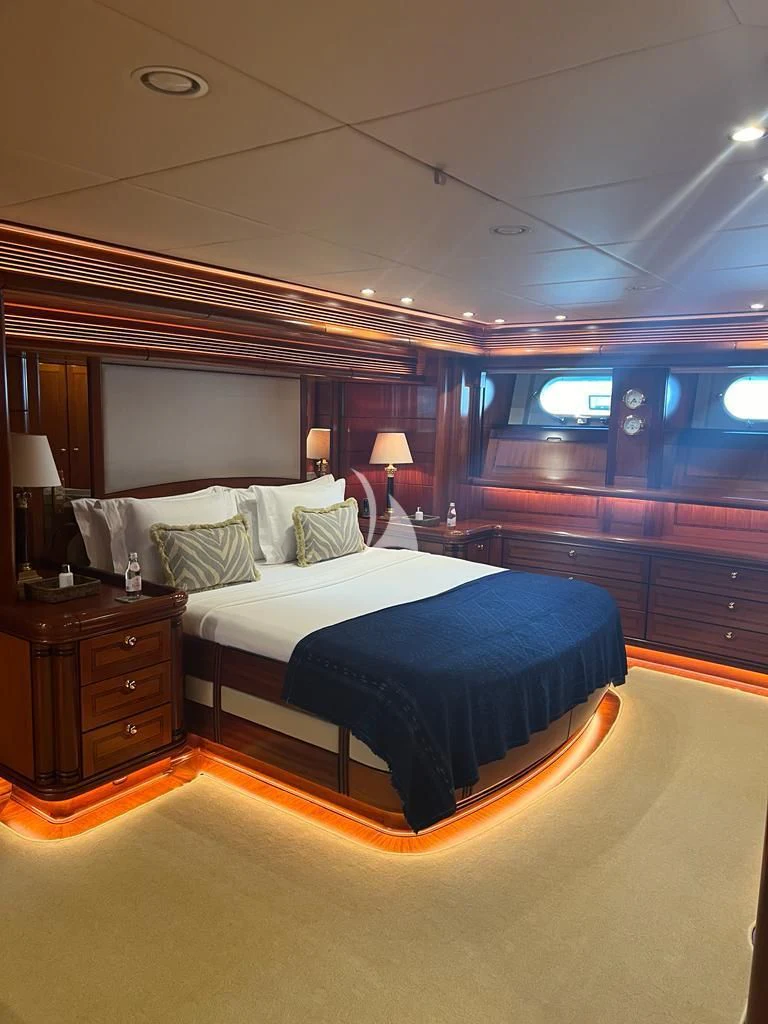 a bed in a room aboard HYPERION Yacht for Charter