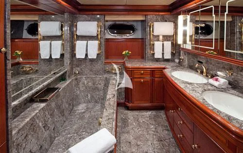 a bathroom with a marble counter top aboard HYPERION Yacht for Charter