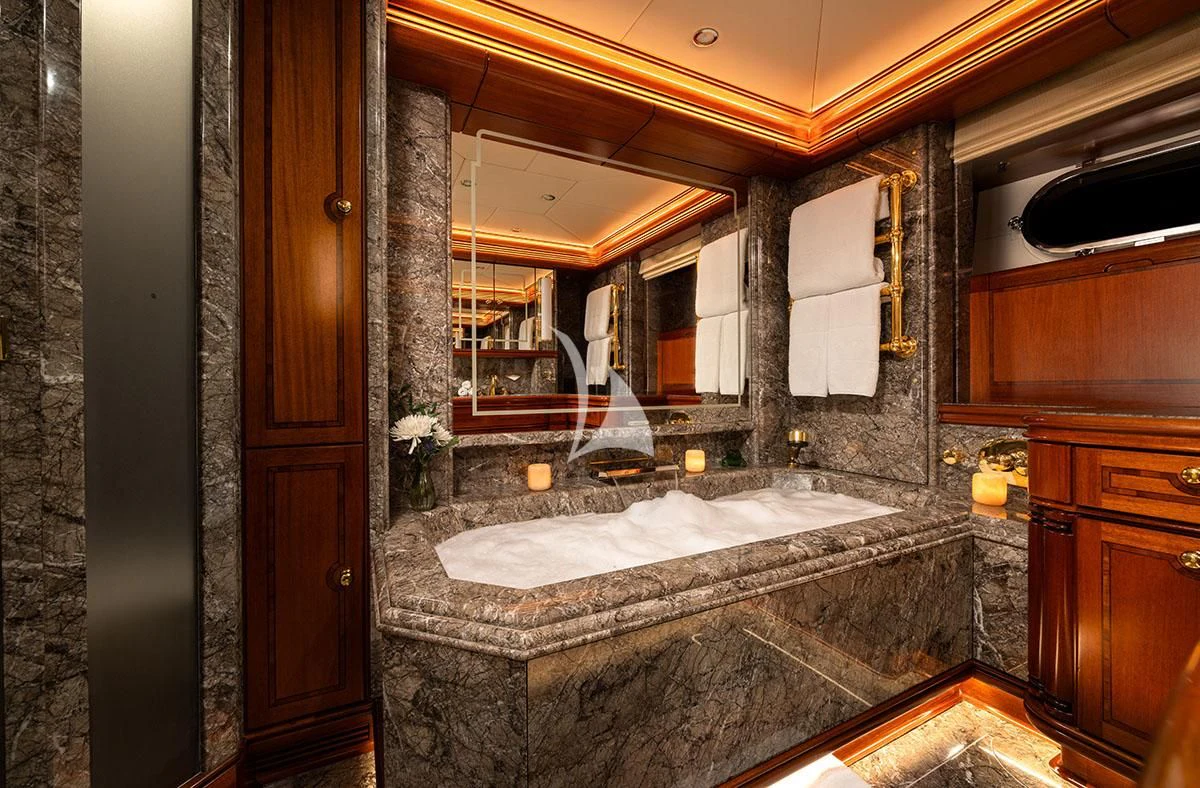 a bathroom with a large jacuzzi tub aboard HYPERION Yacht for Charter