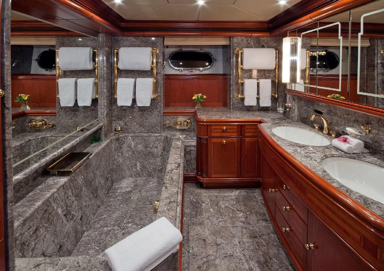 a bathroom with a large bathtub aboard HYPERION Yacht for Charter