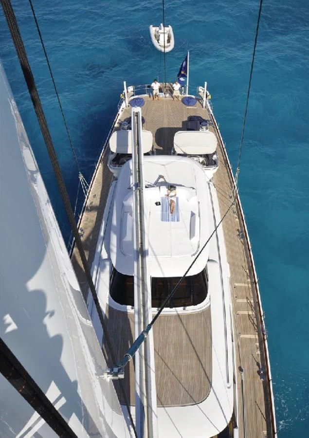 a white boat with blue sails aboard HYPERION Yacht for Charter