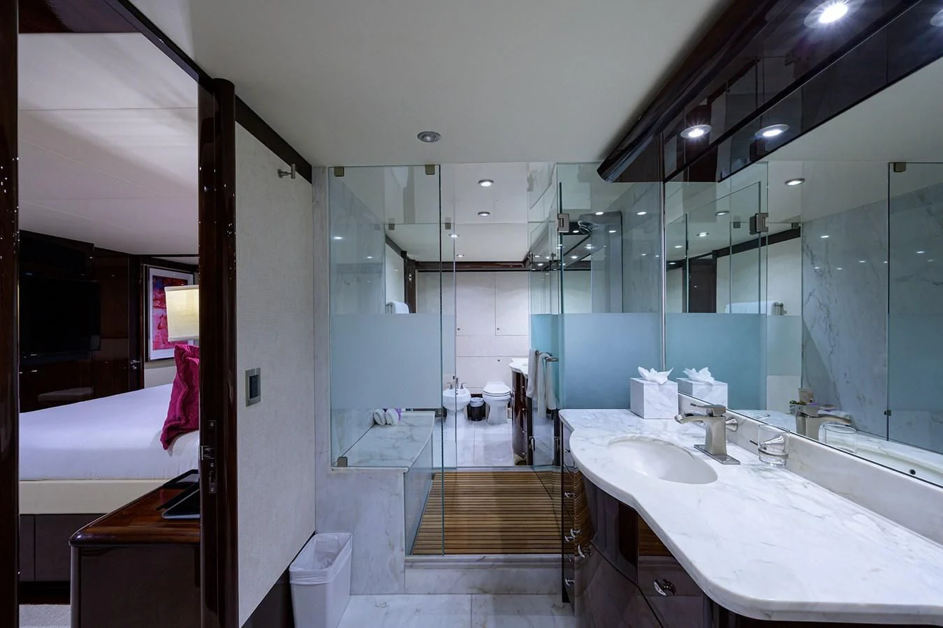 a bathroom with a large mirror aboard THE JOB FATHER Yacht for Sale