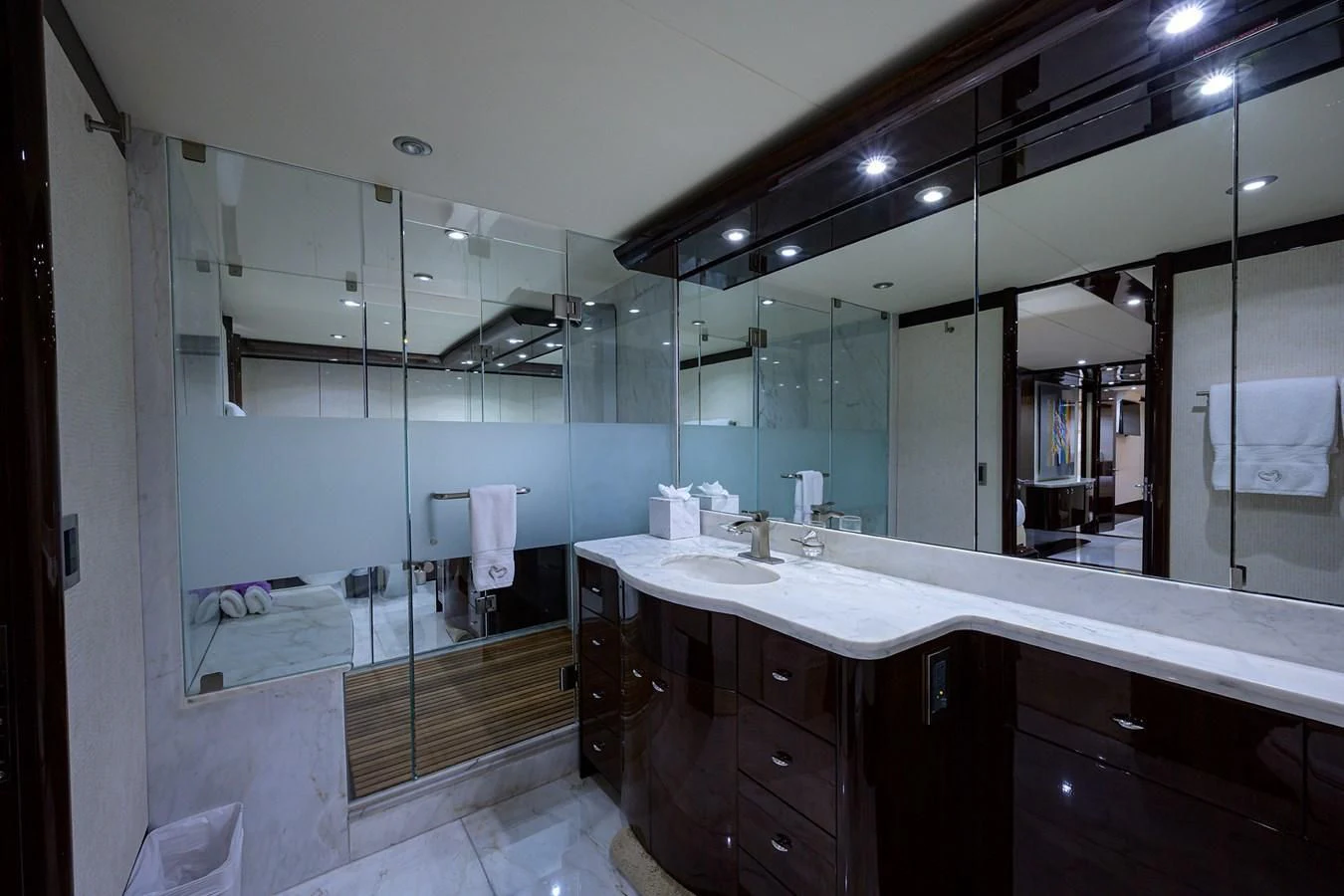 a bathroom with a large mirror aboard THE JOB FATHER Yacht for Sale