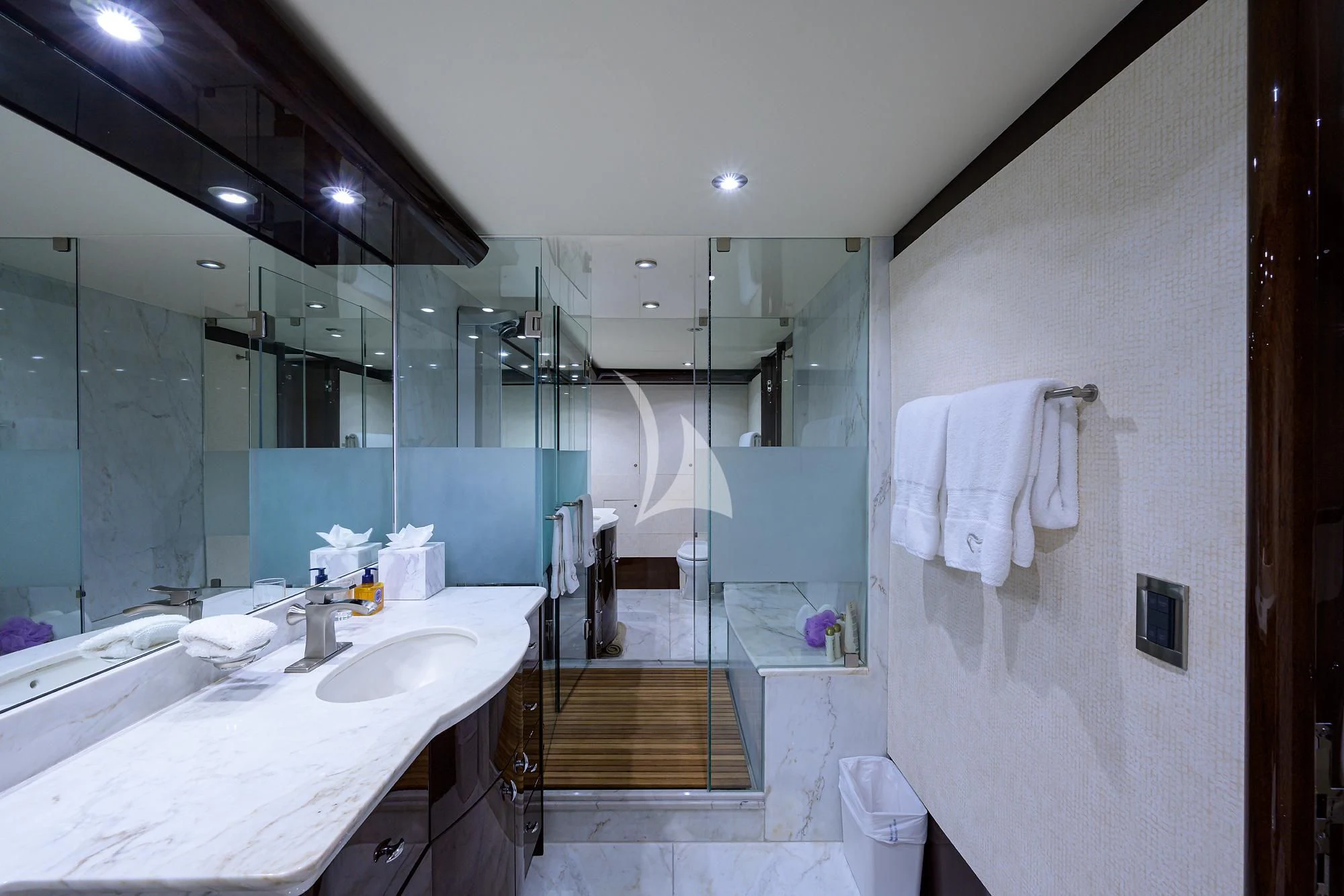 a bathroom with a large mirror aboard THE JOB FATHER Yacht for Sale