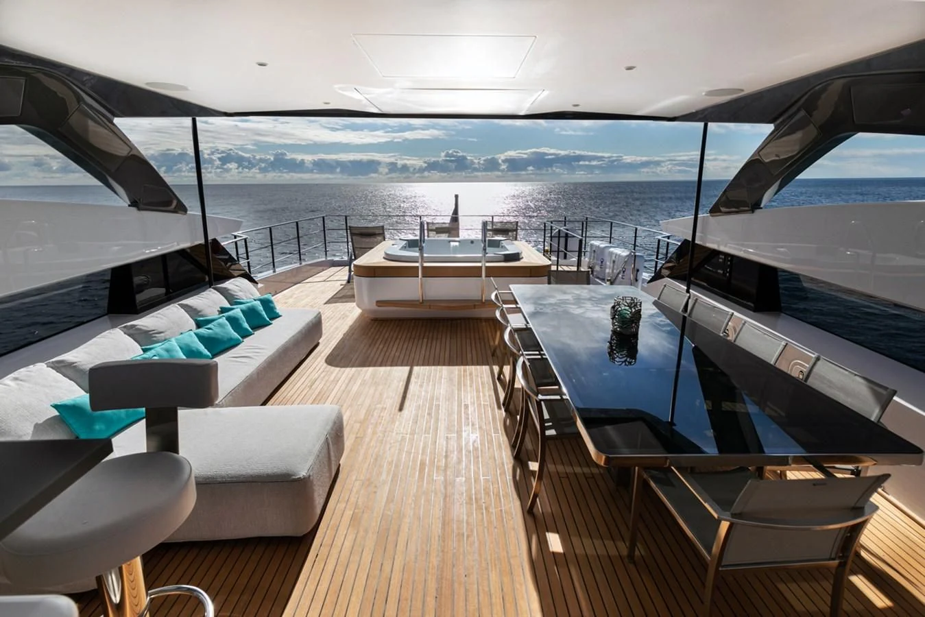 a deck with a view of the ocean and the deck aboard JAG'B Yacht for Sale