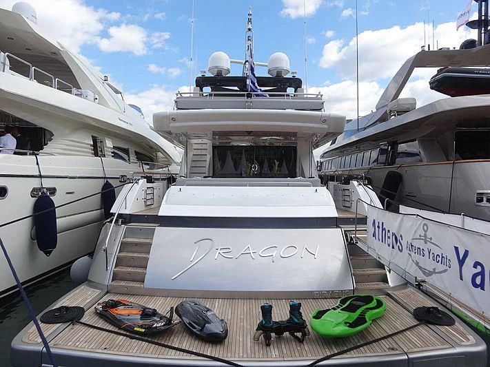 a boat on a dock aboard DRAGON Yacht for Sale