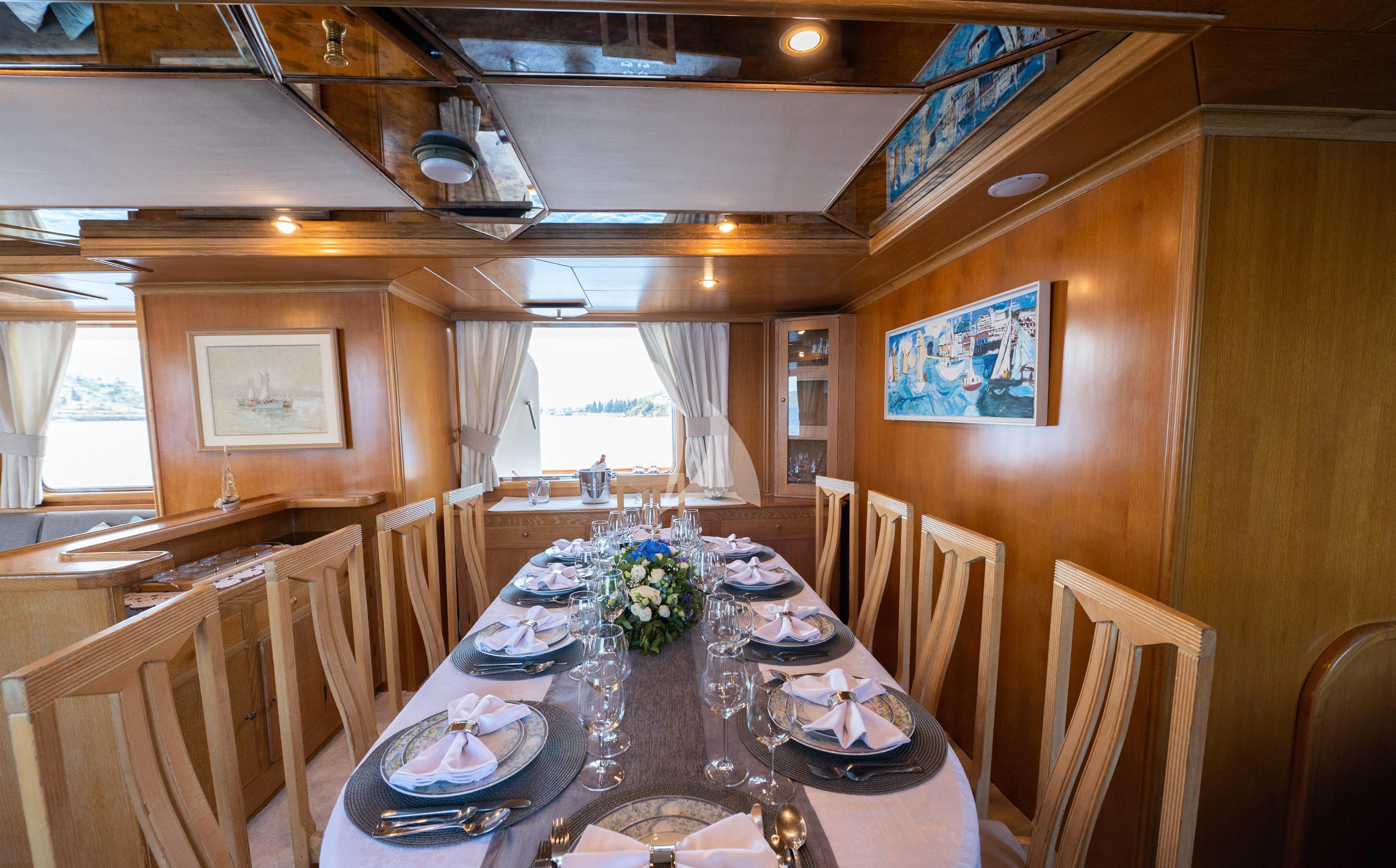 a dining table in a room aboard ELENA Yacht for Sale