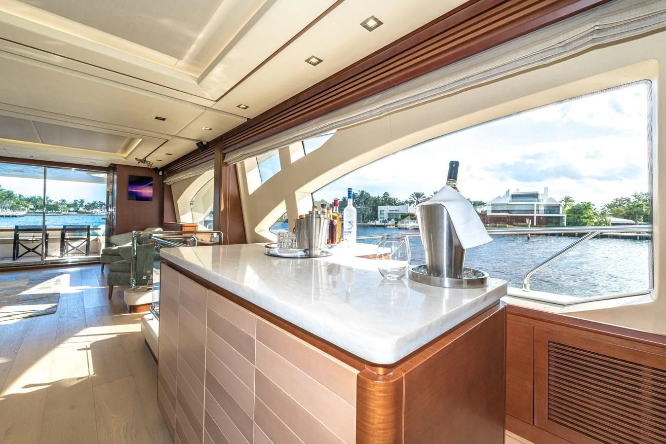 a kitchen with a large window aboard LIBERTY BLUE Yacht for Sale