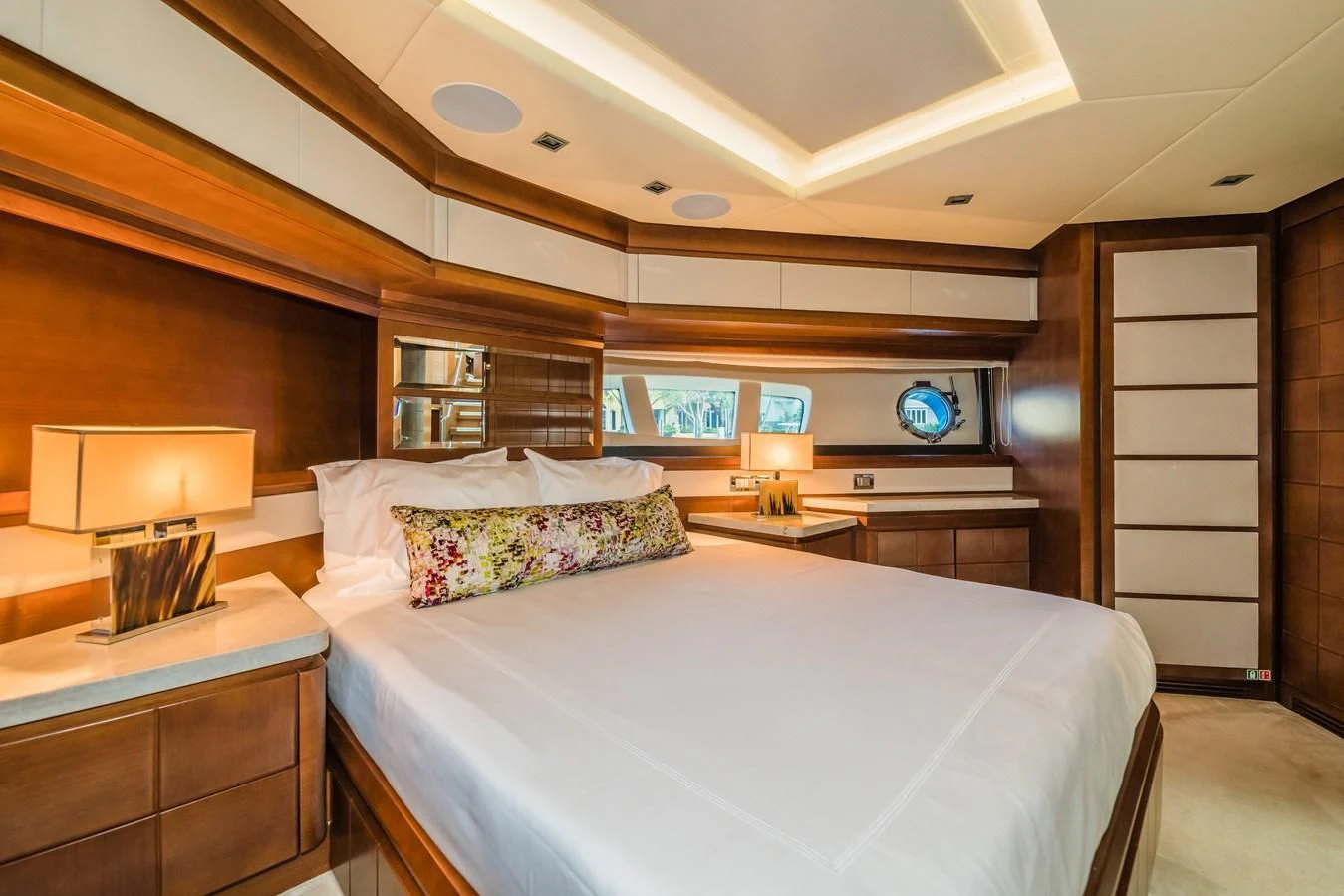 a large bed in a room aboard LIBERTY BLUE Yacht for Sale