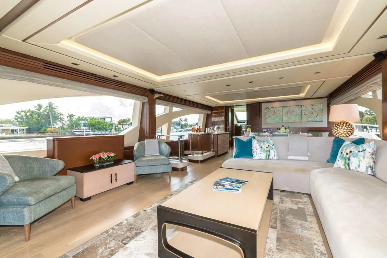 a living room with a large window aboard LIBERTY BLUE Yacht for Sale