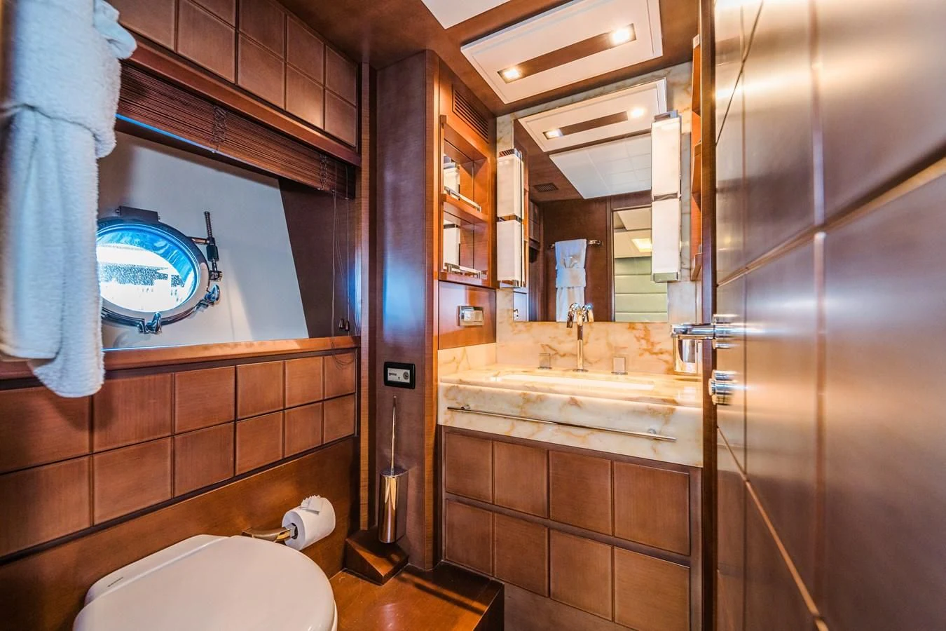a bathroom with a glass shower aboard LIBERTY BLUE Yacht for Sale