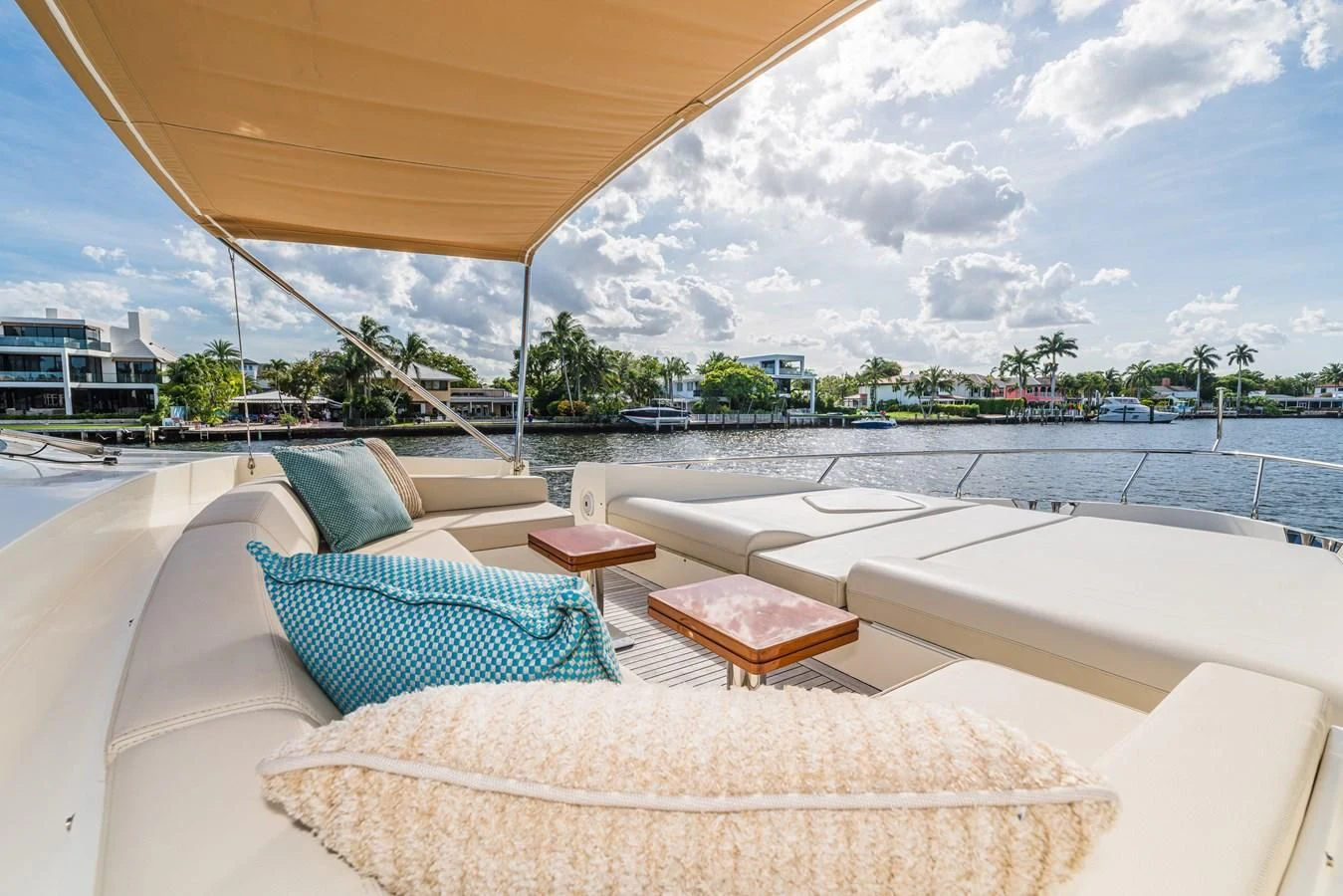 a room with a large bed and a large window aboard LIBERTY BLUE Yacht for Sale