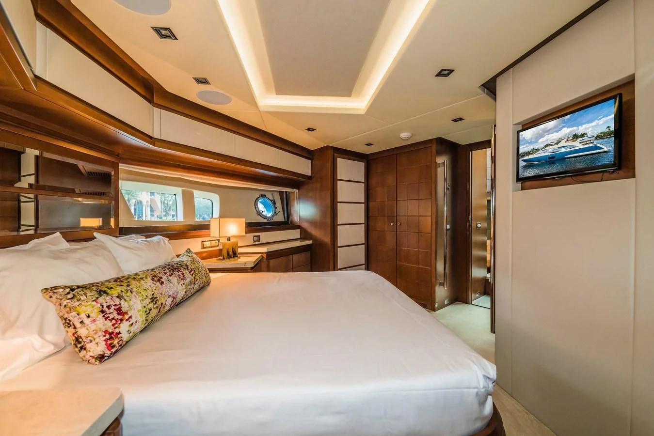 a bed in a room aboard LIBERTY BLUE Yacht for Sale