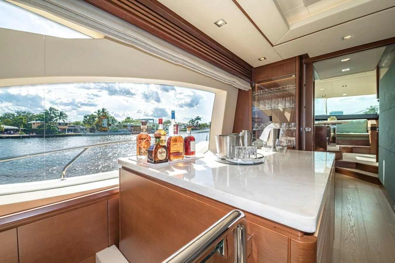 a large kitchen with a large window aboard LIBERTY BLUE Yacht for Sale