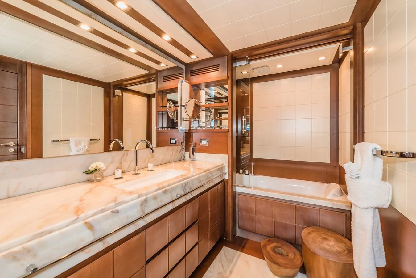 a bathroom with a large countertop aboard LIBERTY BLUE Yacht for Sale