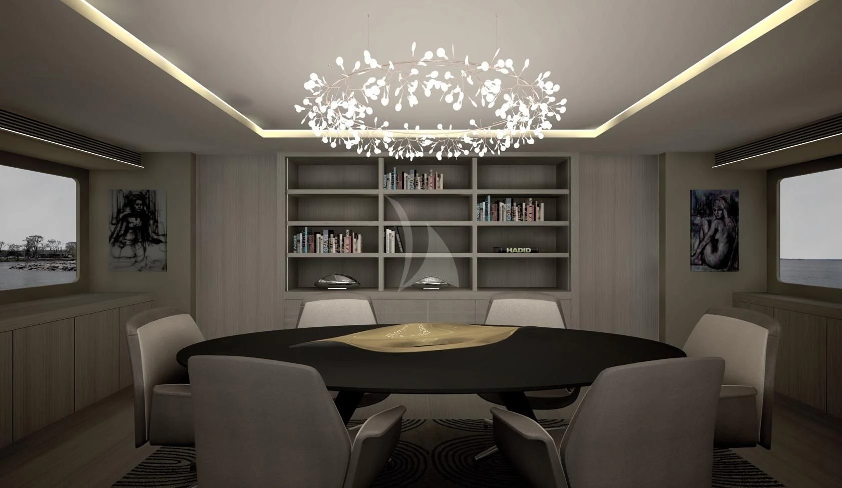 a large room with a large chandelier aboard UNEXPECTED Yacht for Sale