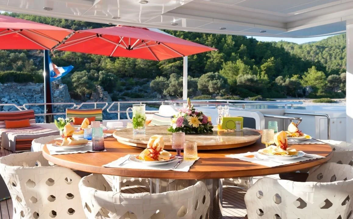 a table with food on it aboard UNEXPECTED Yacht for Sale