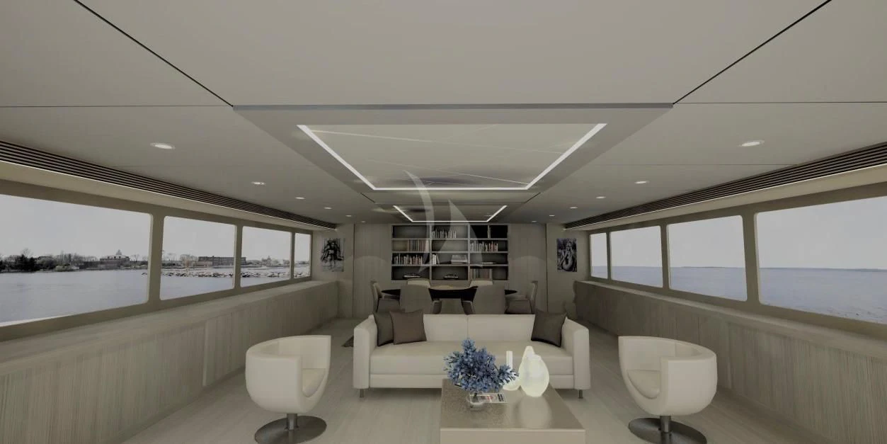a room with a couch and a table and chairs aboard UNEXPECTED Yacht for Sale