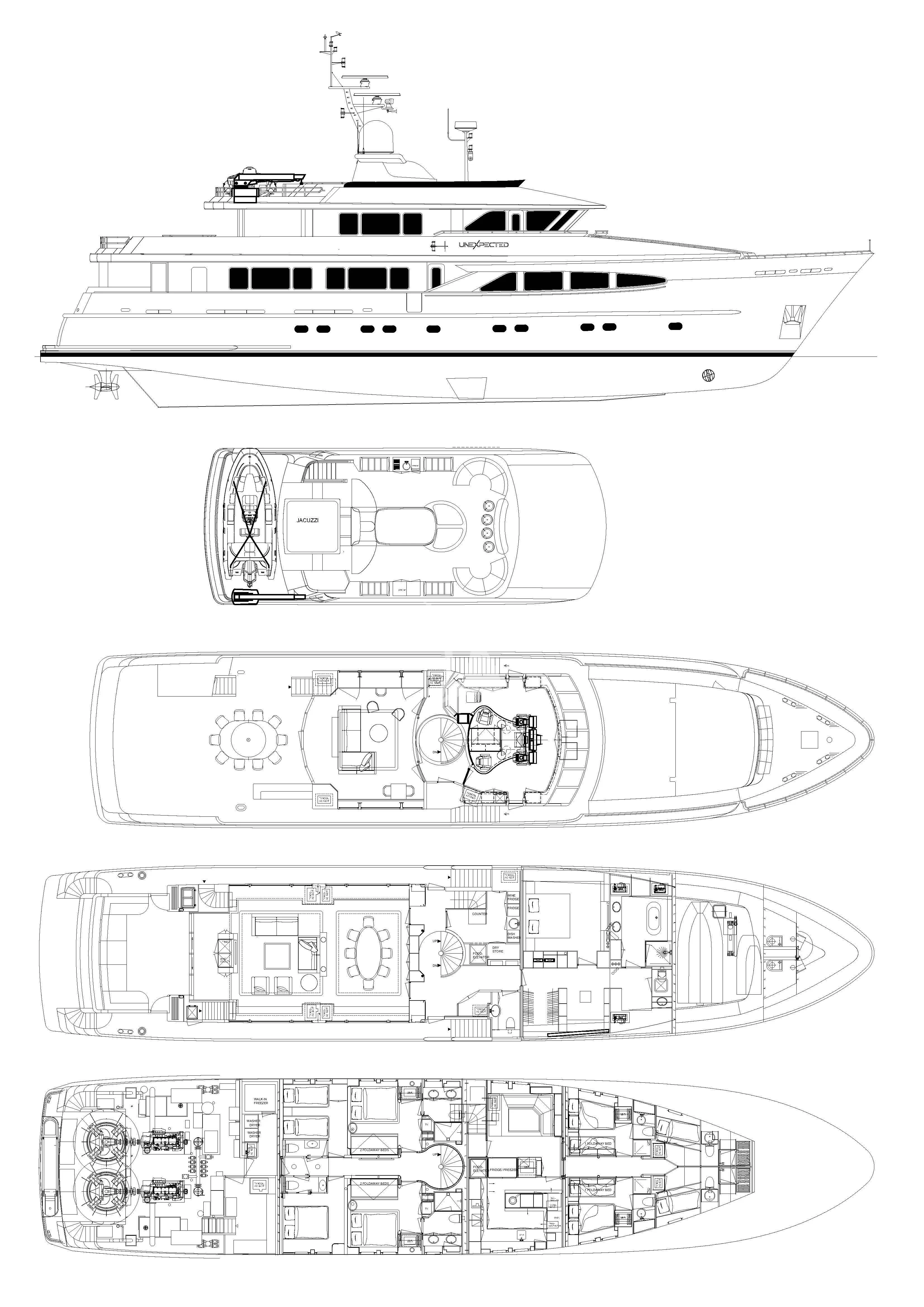 diagram, engineering drawing aboard UNEXPECTED Yacht for Sale