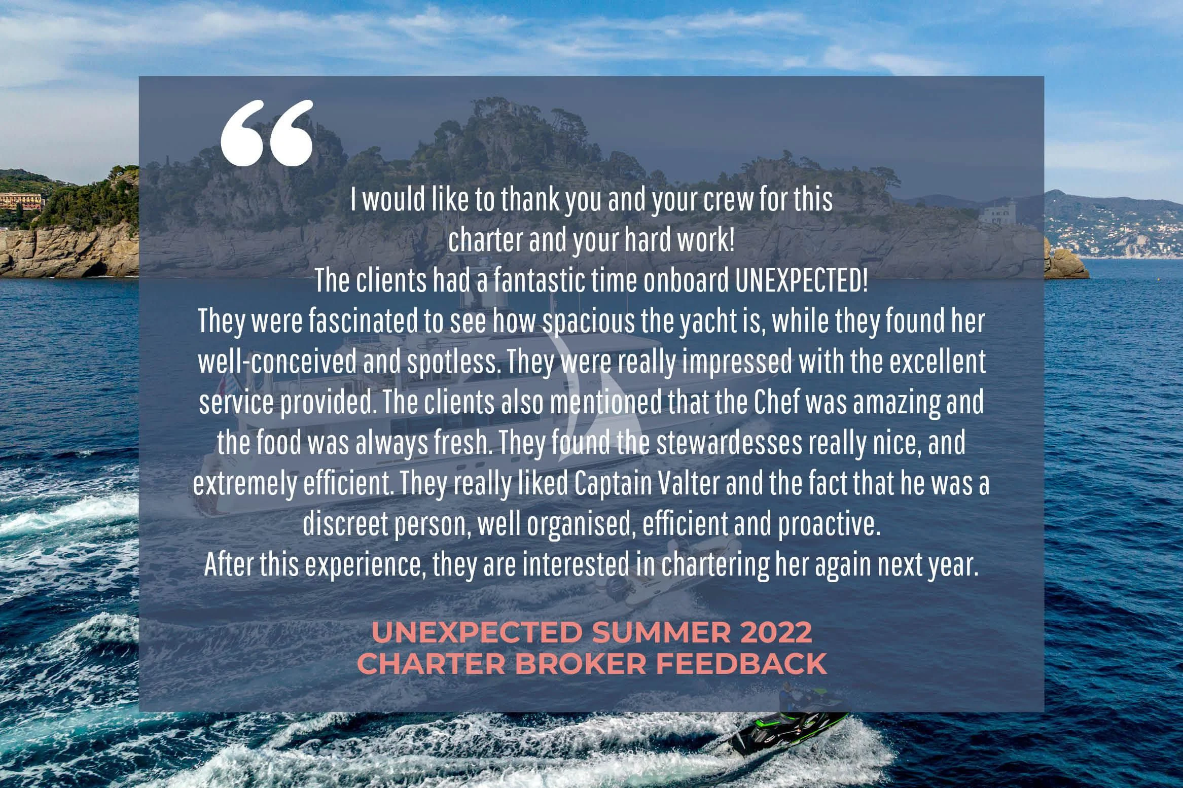 a blue ocean with waves and white text aboard UNEXPECTED Yacht for Sale