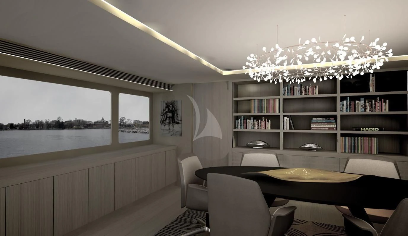a room with a table and chairs aboard UNEXPECTED Yacht for Sale