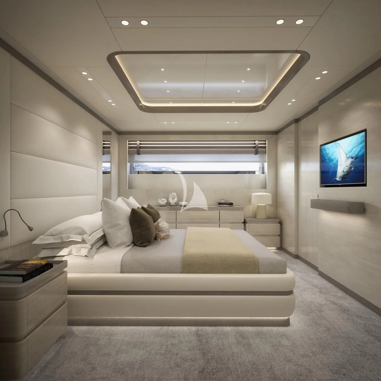 a room with a bed and a tv aboard BIRUBI Yacht for Sale