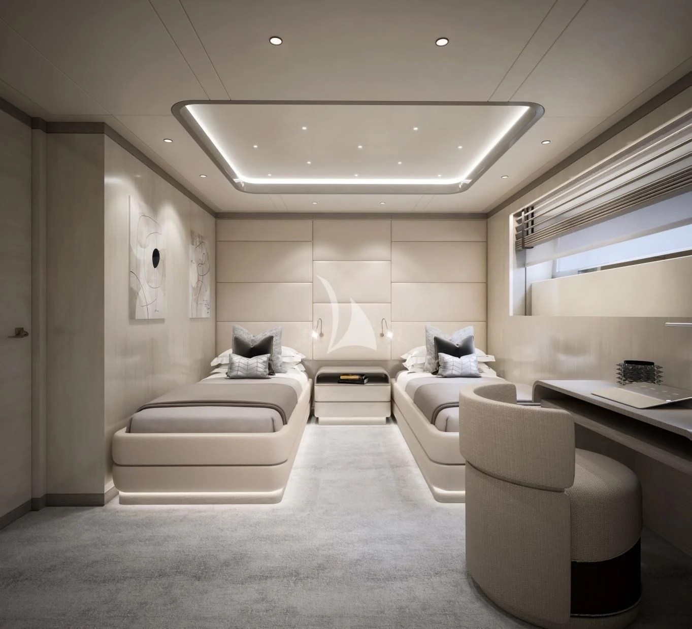 a room with a bed and a desk aboard BIRUBI Yacht for Sale