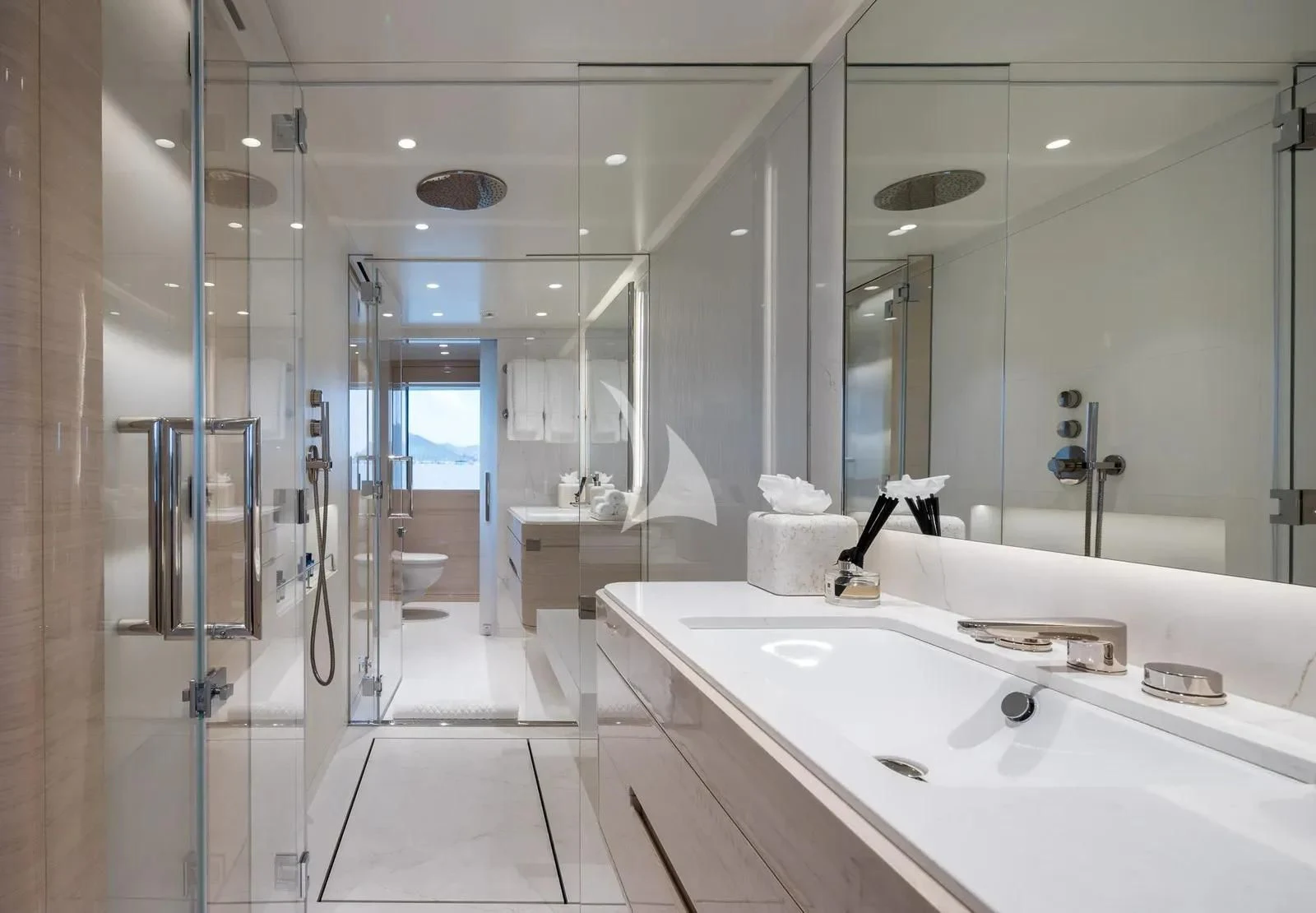 a bathroom with a sink and a shower aboard BIRUBI Yacht for Sale