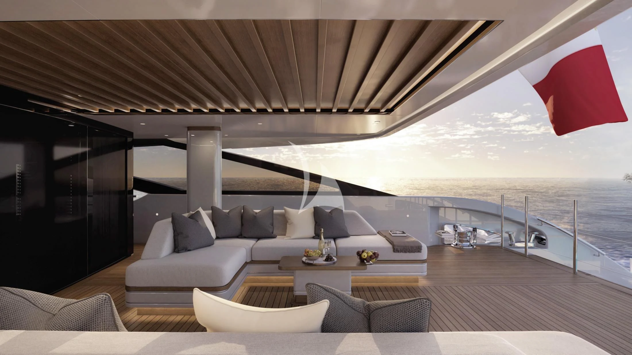 a large living room with a large balcony aboard BIRUBI Yacht for Sale